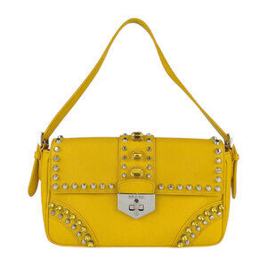 Prada shoulder bag leather metal bejeweled accents yellow silver